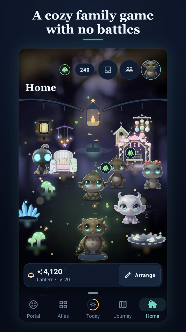 Home: the glade with creatures, the Lantern and decorations